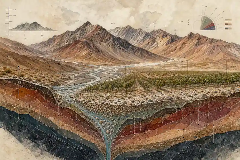 Prancha ilustrada de uma paisagem andina com corte geológico
