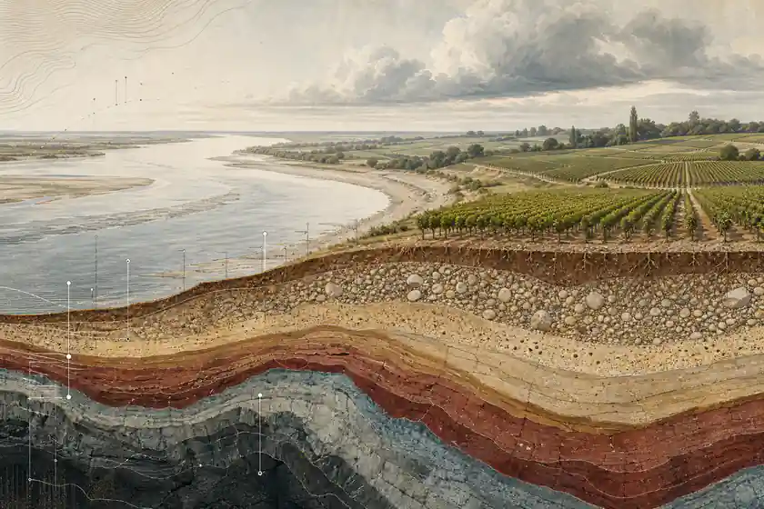Ilustração editorial de Bordeaux: terraços baixos de vinhedo junto ao estuário, com cascalho, areia e argila em corte.