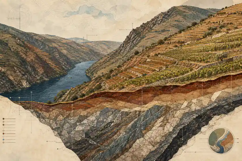 Ilustração editorial do Douro: socalcos íngremes sobre o rio, com xisto e granito revelados em corte.