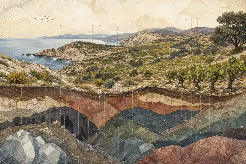 Ilustração editorial da Europa mediterrânea: colinas secas de vinhedo e costa azul sobre um mosaico de rochas e solos.