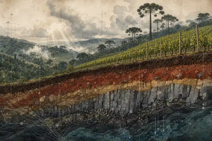 Ilustração editorial da Serra Gaúcha: vinhedos em encostas úmidas sobre um corte de argila vermelha e basalto.