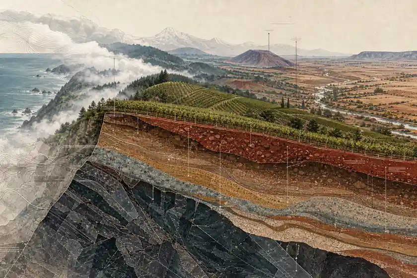 Ilustração editorial do oeste dos EUA: neblina costeira encontra colinas de vinhedo e um vale vulcânico interior.