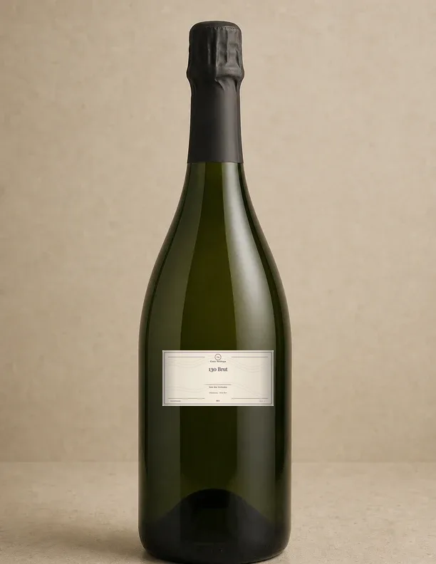 Retrato editorial da garrafa com rótulo de casa de Casa Valduga 130 Brut