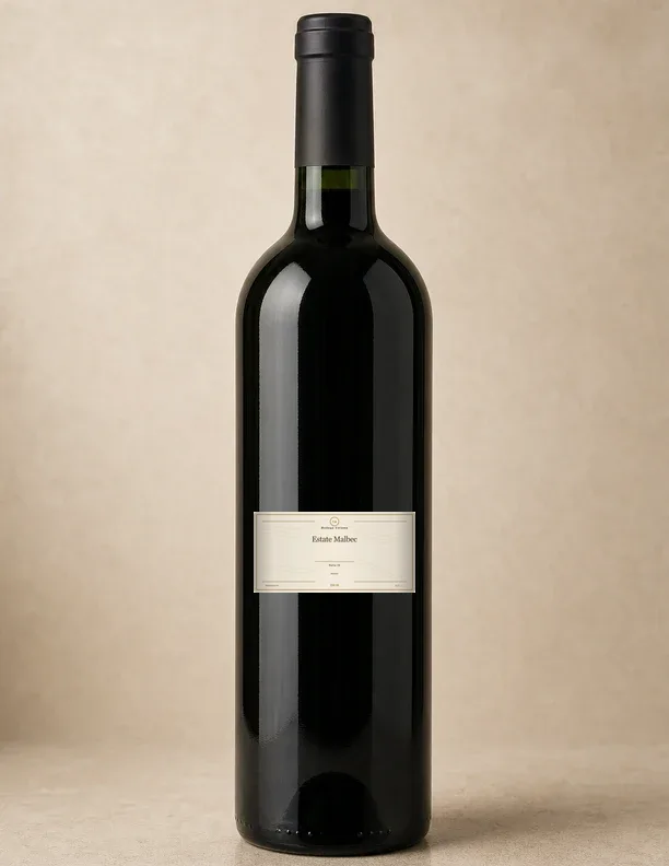 Retrato editorial da garrafa com rótulo de casa de Bodega Colomé Estate Malbec