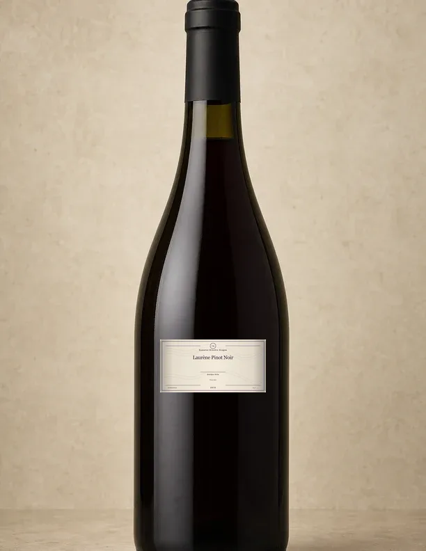 Retrato editorial da garrafa com rótulo de casa de Domaine Drouhin Oregon Laurène Pinot Noir