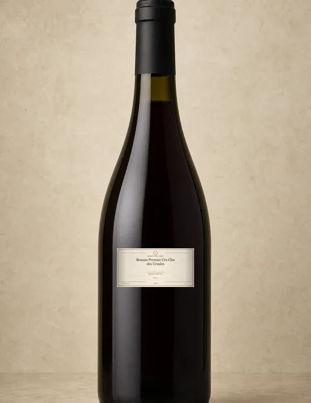 Retrato editorial da garrafa com rótulo de casa de Maison Louis Jadot Beaune Premier Cru Clos des Ursules