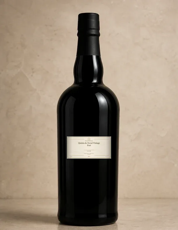 Retrato editorial da garrafa com rótulo de casa de Quinta do Noval Quinta do Noval Vintage Port