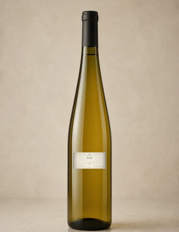 Retrato editorial da garrafa com rótulo de casa de Maison Trimbach Riesling
